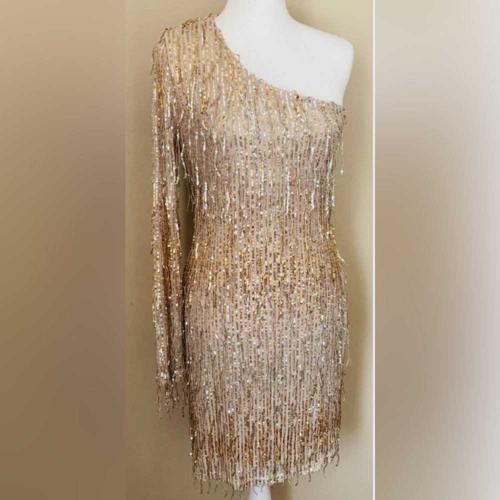 Fashion Nova One-Shoulder Sequin Fringe Mini Dress | Gold | NWT | Size L